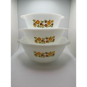 Fire King Anchor Hocking Gingham Floral 3 piece Mixing bowl set